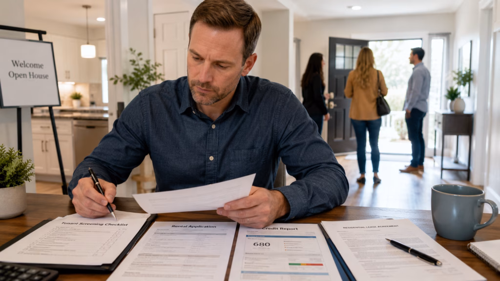 Landlord reviewing a tenant screening checklist, rental application, credit report, and lease documents at a desk during a rental open house.