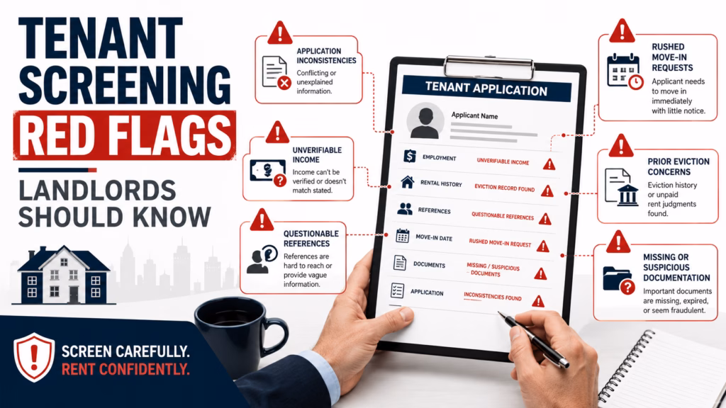 Tenant screening red flags infographic showing application inconsistencies, unverifiable income, questionable references, rushed move-in requests, prior eviction concerns, and suspicious documentation.