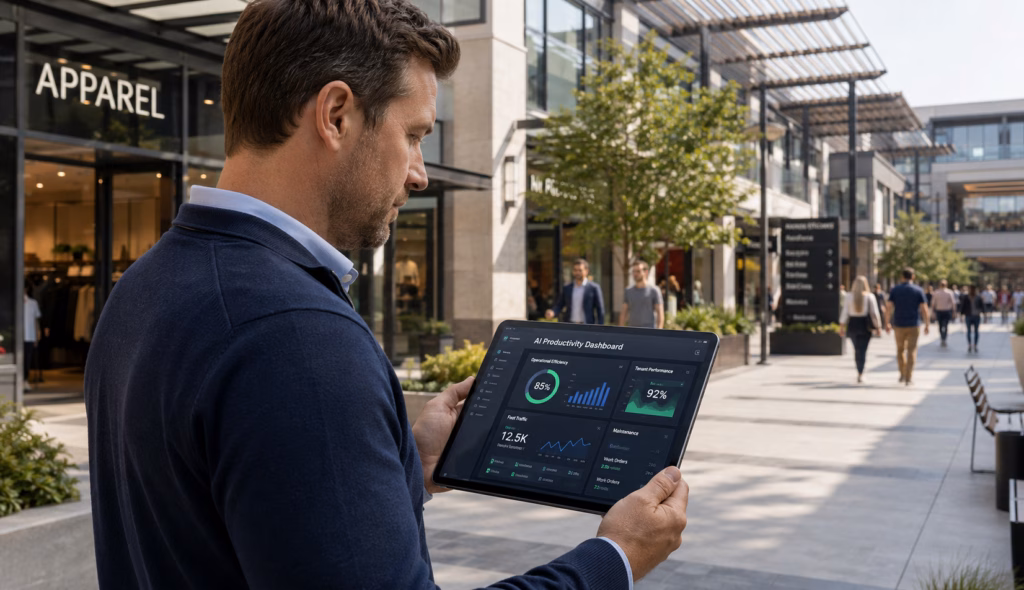 A male commercial real estate property manager monitoring AI productivity gains in a shopping center that he manages.