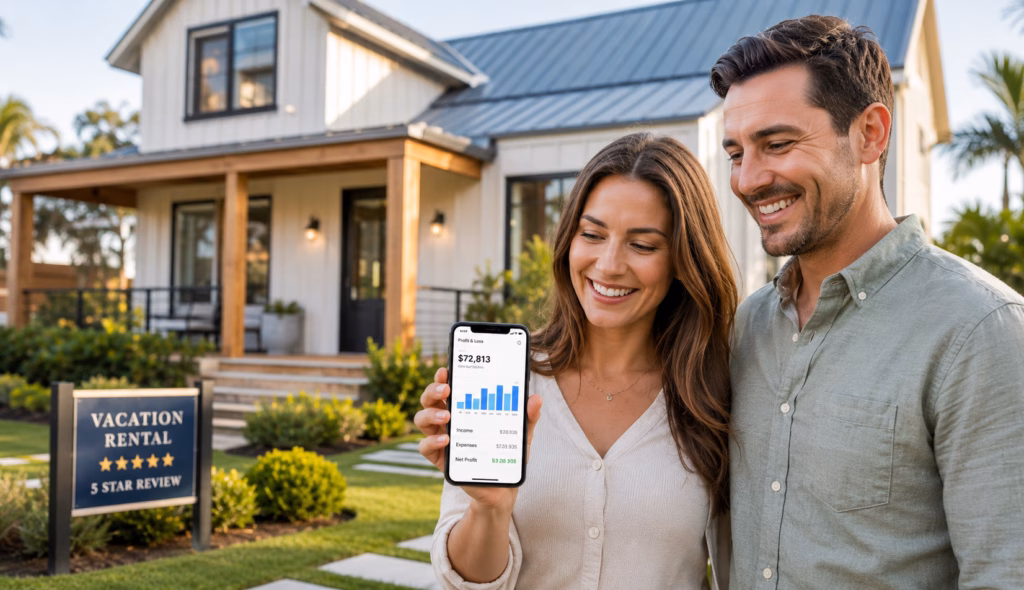 A happy couple who owns a profitable vacation rental property. They are standing in front of it and the female is looking at the financial P&L on her cell phone.
