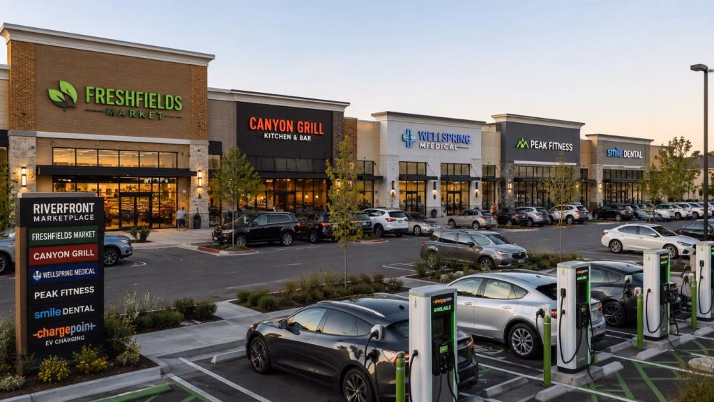 image of a retail center with grocery stores, restaurants, medical tenants, fitness operators, and EV charging providers.