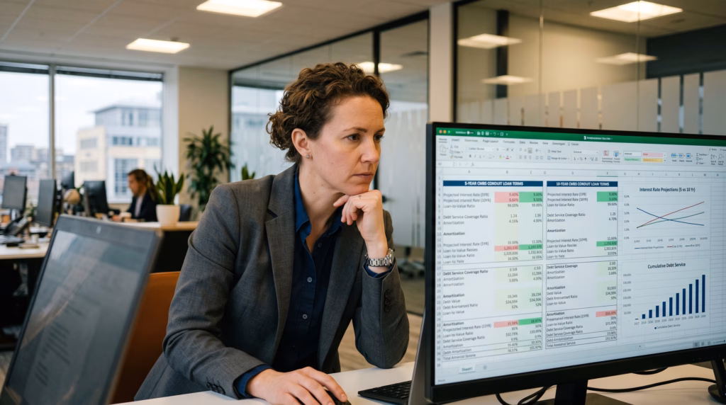 A professional individual in a corporate setting intently analyzing a detailed financial model on a screen, focusing on a side-by-side comparison of five-year and ten-year CMBS conduit loan terms. The display features clear data tables, interest rate projections, and comparative charts. Soft, focused office lighting highlights the digital interface and the professional atmosphere of a high-stakes real estate financing review.