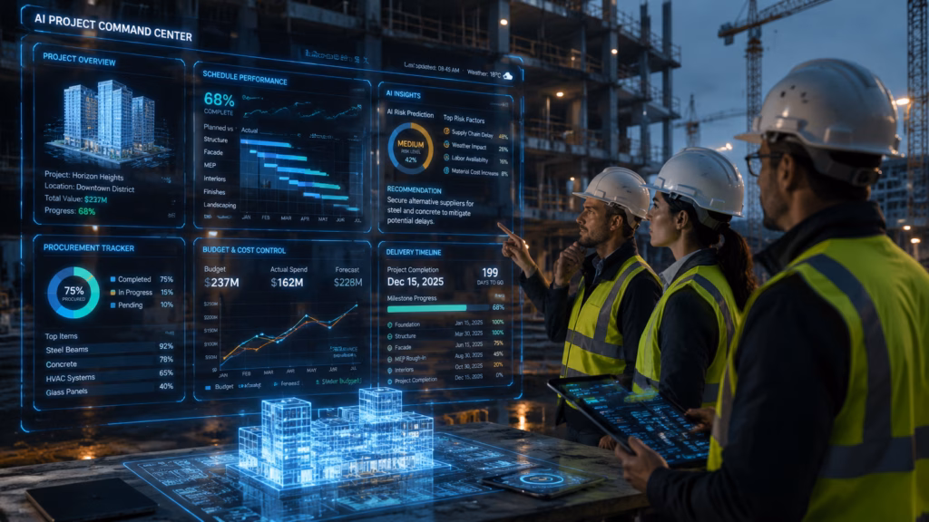 A construction and property development team on-site, now interacting with advanced AI dashboards that display dynamic data for project schedules, risk management, procurement, and delivery timelines. The digital interfaces feature glowing data visualizations, holographic charts, and transparent progress trackers seamlessly integrated into the workspace. The lighting emphasizes the contrast between the industrial job site and the luminous digital displays, highlighting a collaborative atmosphere as the team monitors real-time project metrics.