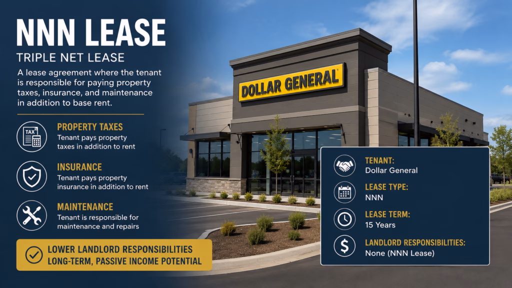 Commercial NNN lease infographic showing a Dollar General property with tenant responsibilities for property taxes, insurance, and maintenance.