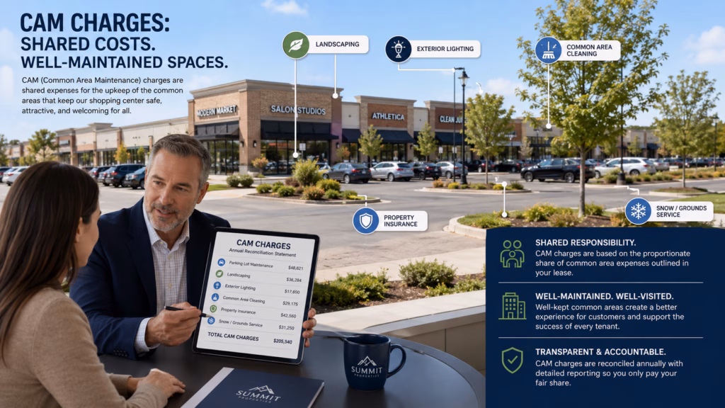 CAM charges infographic showing a retail shopping center with shared maintenance costs for landscaping, lighting, cleaning, insurance, and snow removal.