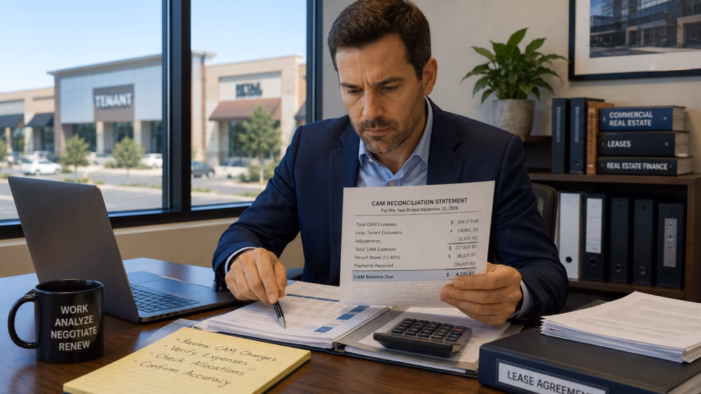 A commercial real estate tenant scrutinizing CAM charges on his annual statement to ensure they are correct.