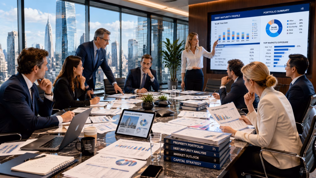 A professional group of commercial real estate executives and bank lenders gathered around a large table in a contemporary glass-walled boardroom. They are engaged in a serious, focused discussion, leaning over spread-out financial spreadsheets, property portfolios, and debt maturity charts. Some team members point toward data displayed on a large wall-mounted screen, while others examine printed reports with concerned expressions. The scene is set in a modern high-rise office with floor-to-ceiling windows revealing a city skyline, illuminated by a mix of natural daylight and soft overhead office lighting.