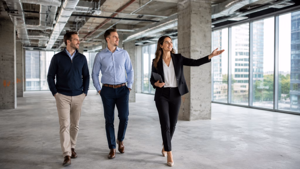 A millennial female commercial leasing agent in professional business attire walks through a spacious shell office featuring exposed concrete columns, high unfinished ceilings, and large windows. She gestures confidently toward the open space with a triumphant smile. Two men in business casual clothing walk alongside her, nodding their heads in clear agreement with expressions of satisfaction. The scene is set within the raw, industrial-style interior of a modern office building, illuminated by soft natural light filtering through the floor-to-ceiling glass.