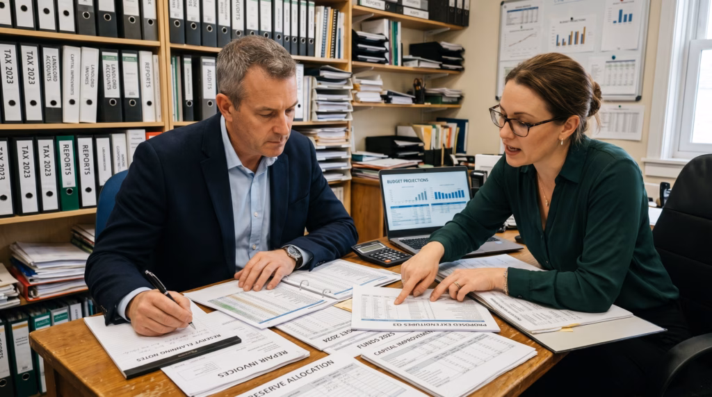 A male landlord sits at a wooden desk in a professional accountant’s office, carefully examining a spread of repair invoices and detailed capital expense spreadsheets. He holds a pen, looking focused as he reviews reserve planning notes. Opposite him, a female accountant leans forward, gesturing toward a specific line on a document while asking a question. The background features organized shelves of financial binders and a computer screen displaying budget projections. The scene is lit by the soft glow of indoor office lights, emphasizing the textures of the paper documents and the collaborative atmosphere of their financial review.