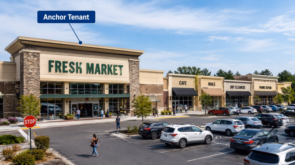 Shopping center with a large fresh market anchor tenant drawing traffic to smaller retail stores and service businesses.