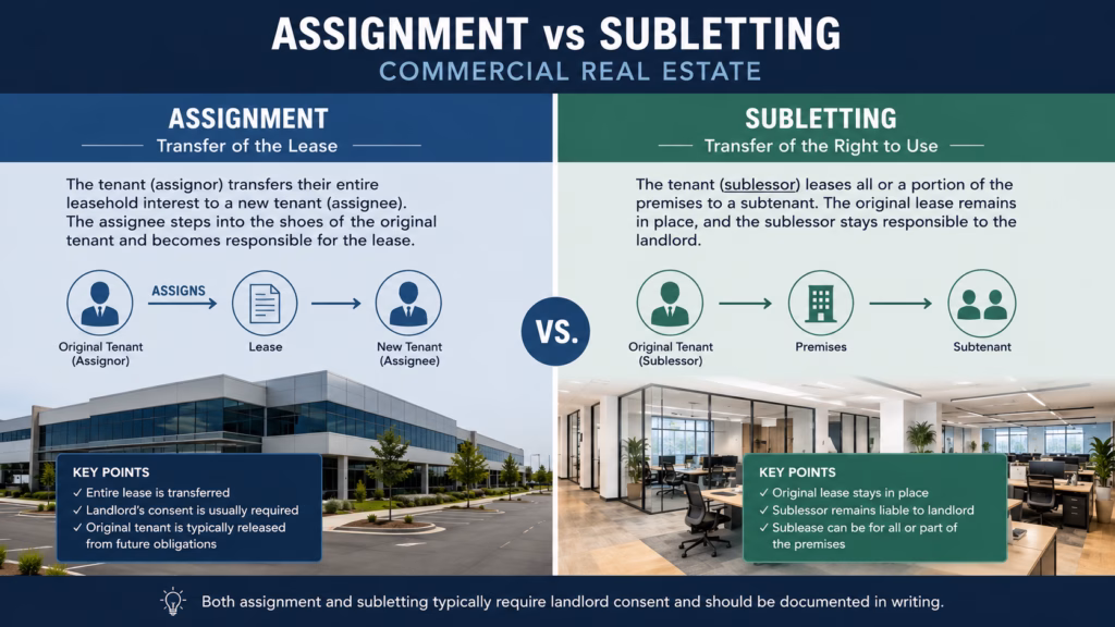 Commercial real estate infographic comparing lease assignment and subletting, showing how tenant obligations transfer under each option.