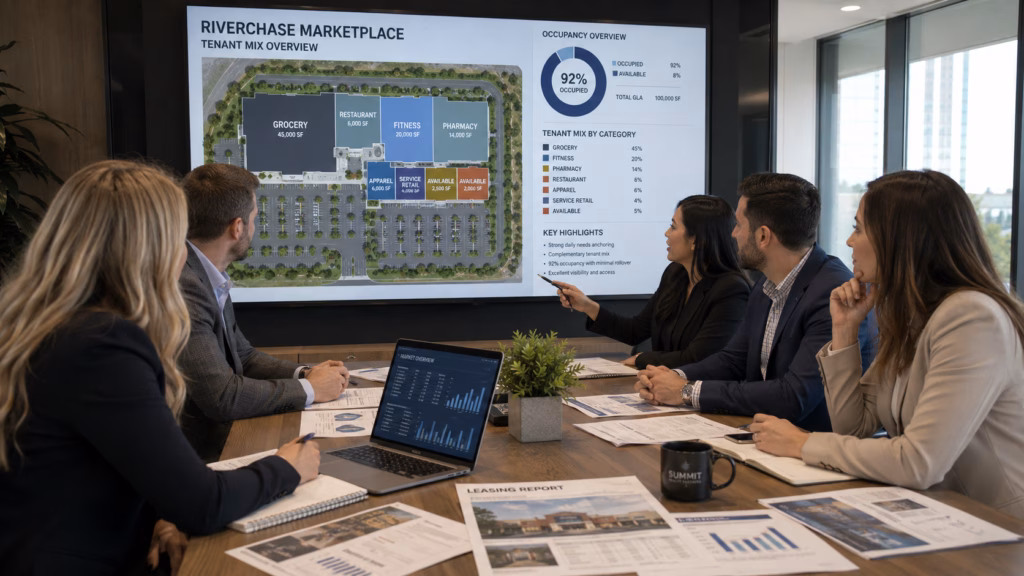 a commercial real estate investing team reviewing the tenant mix of a retail shopping center in their office conference room.