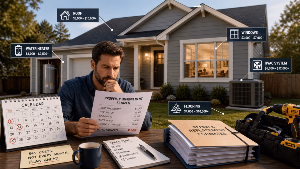 Landlord reviewing capital expenditure estimates for a rental property, including roof, HVAC, windows, water heater, and flooring replacement costs.
