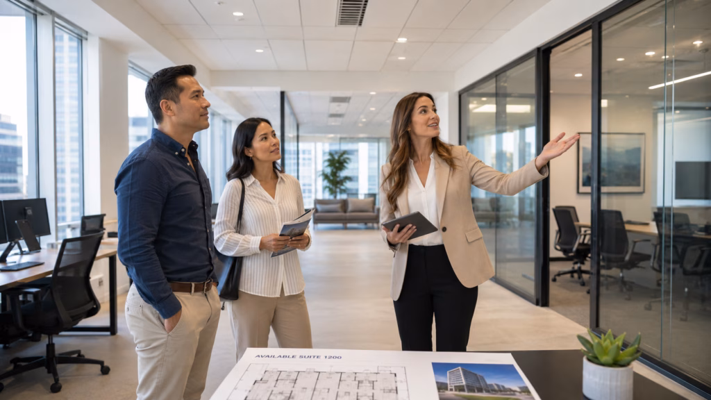 A female commercial leasing agent showing two tenants office space to lease.