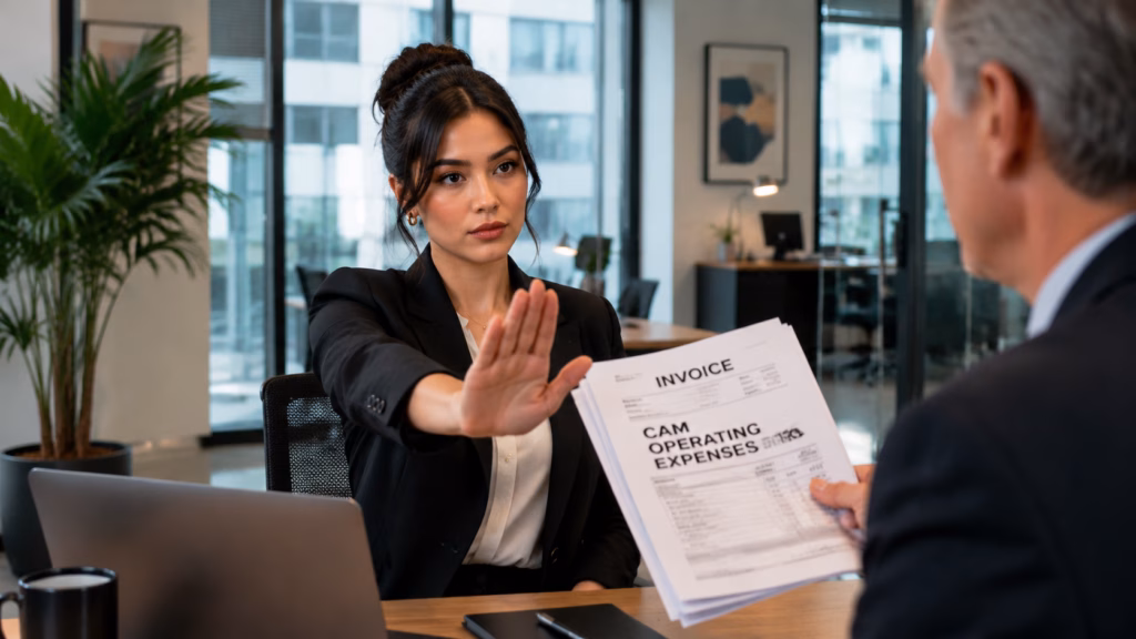 A professional Gen Z female tenant in a modern commercial office, extending her hand in a firm stop gesture towards a landlord who is presenting a stack of paper invoices. The invoices clearly show text for CAM and operating expenses. The scene emphasizes her assertive expression and the physical rejection of the documents, set within a brightly lit, contemporary workspace with realistic textures and professional attire.