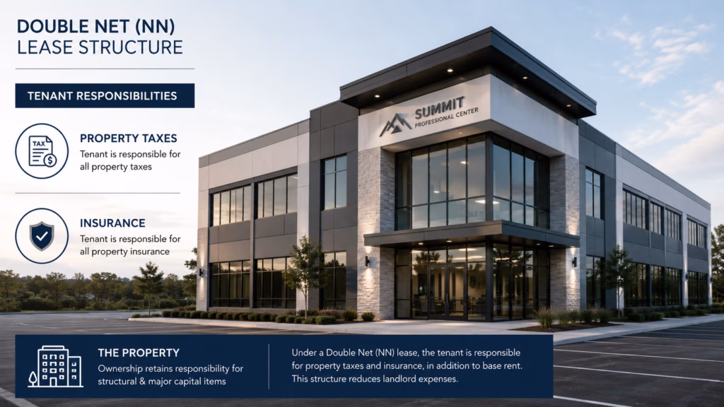 A professional architectural rendering of a commercial office building, emphasizing its structural details and modern design. The image should incorporate clean, integrated graphic elements or subtle text overlays that clearly denote the responsibilities of property taxes and insurance alongside the property, illustrating the double net (NN) lease structure. Use neutral, corporate-friendly lighting and a realistic finish to convey a business-oriented and financial context.