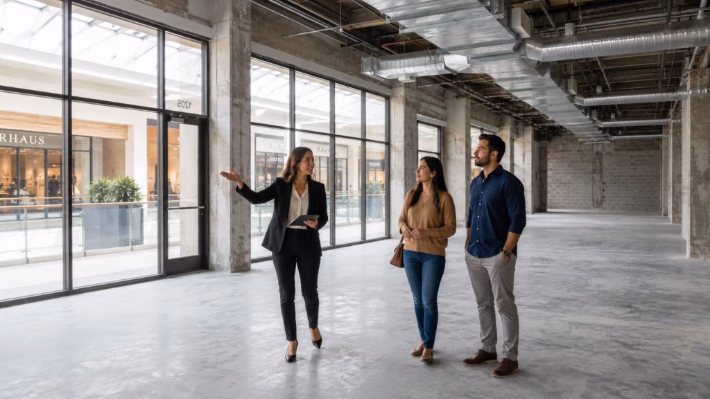 A professional female leasing agent in business attire guiding prospective tenants through an unfinished retail shell. The scene emphasizes the industrial textures of raw concrete floors, exposed overhead ductwork, and bare structural columns. Bright, natural light filters in from the mall concourse through large glass storefronts, creating a sense of scale and potential within the empty, high-ceilinged commercial space.