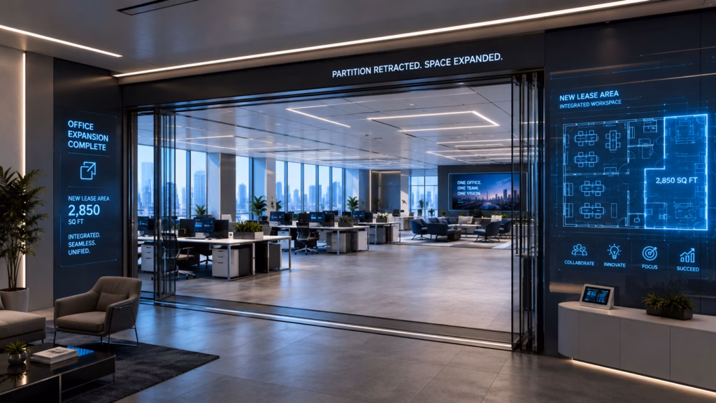 A high-tech office interior where a sleek glass partition has been retracted to reveal a newly integrated, matching workspace extension. The scene features modern minimalist desks, ergonomic furniture, and futuristic lighting. Glowing holographic floor plans or digital displays on the walls indicate the newly added lease area, creating a unified and spacious environment that blends the original office with the expanded section seamlessly.