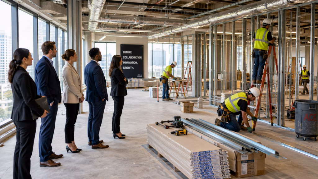 A diverse group of business professionals in corporate attire observing a team of construction workers in high-visibility vests and hard hats as they build out a modern office interior. The scene highlights the contrast between the clean-cut tenants and the active construction environment, featuring exposed wall framing, ladders, and building materials within a bright, spacious commercial workplace.