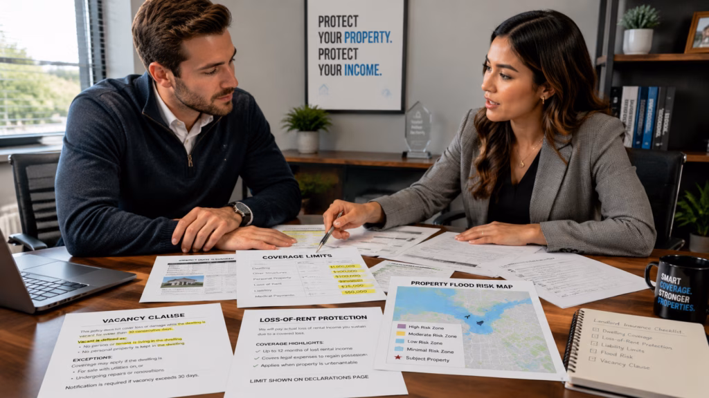A male Millennial landlord in modern business casual attire sits across a desk from a Gen Z female insurance agent with a contemporary professional look. They are actively reviewing a variety of insurance documents spread across the desk, including highlighted coverage limits, a property map indicating flood risk, and paperwork outlining vacancy clauses and loss-of-rent protection. The scene captures a focused, collaborative interaction with natural office lighting and clear details on the printed insurance forms and professional documents.