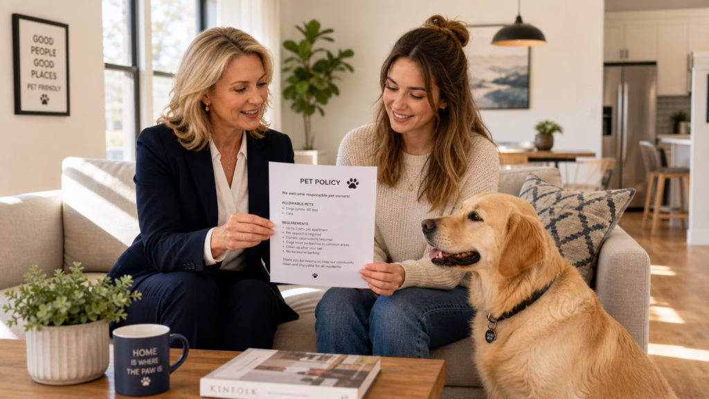 A professional landlord and a young woman are seated in a bright, modern living room, reviewing a printed pet policy document together. A golden Labrador retriever sits calmly and happily beside the woman, looking toward the paper. The apartment interior is clean and airy with natural sunlight streaming through windows, highlighting the polished wooden floors and minimalist furniture, emphasizing a friendly agreement in a comfortable, pet-friendly atmosphere.