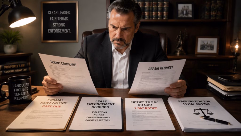 A landlord with a focused and stern expression sits at a desk, meticulously reviewing a collection of documents including a tenant complaint, a repair request, a formal rent notice, and lease enforcement records. The lighting emphasizes the textures of the paperwork and the landlord's serious demeanor as he prepares for legal action. The setting is professional, with the papers laid out clearly in front of him, reflecting a moment of intense scrutiny and decision-making.