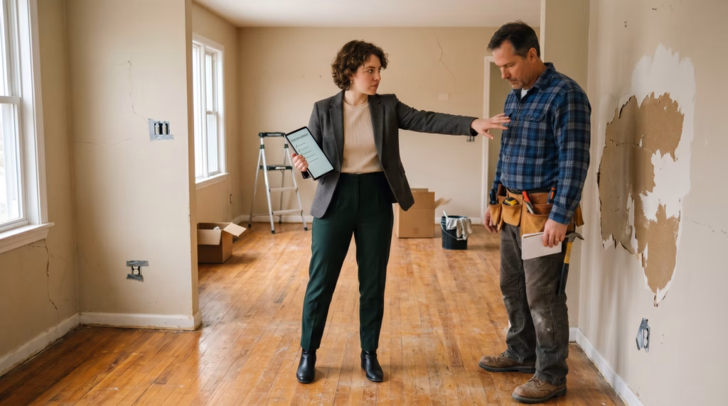 A young Gen Z woman in a contemporary blazer and professional casual clothing stands assertively in the center of a sparsely furnished rental house, holding a tablet with a renovation checklist. She makes direct eye contact and gestures firmly toward a damaged section of a wall, giving clear instructions to a middle-aged male handyman in work boots and a tool belt. The handyman stands attentively, listening as she directs the workflow. Natural light streams through the windows of the interior, highlighting the textures of the worn hardwood floors and the unfinished repairs in the room.
