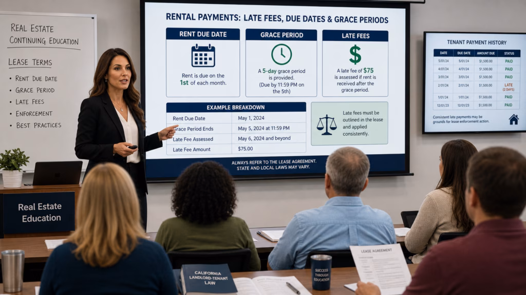 A professional female real estate instructor leading a continuing education seminar, standing beside a presentation screen that clearly displays a breakdown of rental late fees, rent due dates, and grace periods. The classroom setting features attentive students and detailed instructional visuals illustrating lease terms and tenant payment history, with a sharp focus on the educational materials and a clear, professional academic atmosphere.