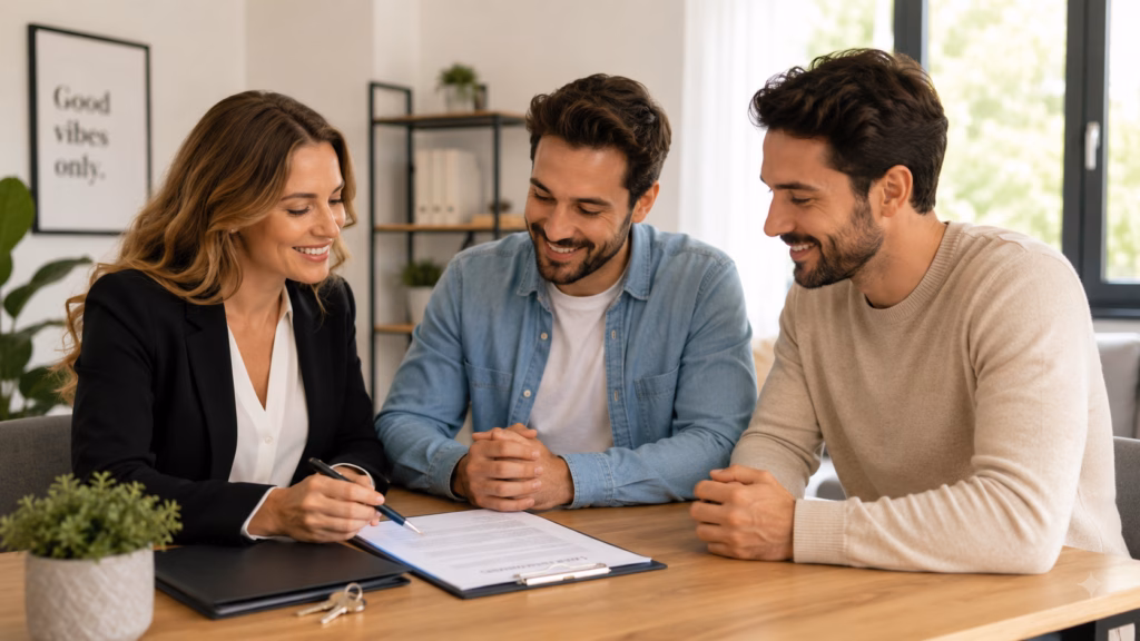 A professional female landlord sitting at a table with her male tenants, reviewing rental documents together. The tenants show expressions of genuine satisfaction and understanding, characterized by gentle smiles and relaxed, attentive postures. The scene is illuminated by soft, natural light, highlighting a cooperative and friendly atmosphere. The landlord’s demeanor is transparent and approachable, fostering a sense of mutual agreement and harmony within the bright, modern interior.
