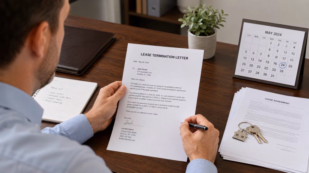 Landlord preparing a lease termination letter with rental documents, calendar, and keys on a desk.