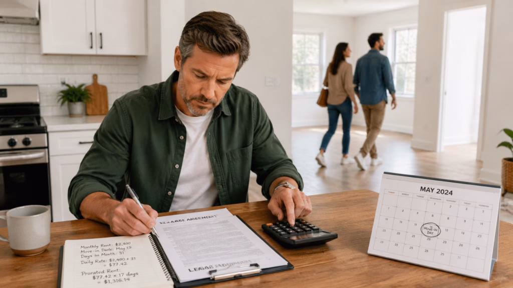 A landlord sits at a kitchen table in a vacant apartment, focused on a lease agreement and a calendar while calculating a prorated rent amount. In the slightly blurred background, new tenants walk through the empty rooms of the property. The scene is illuminated by natural light, emphasizing the details of the documents and the clean, minimalist interior of the rental home.
