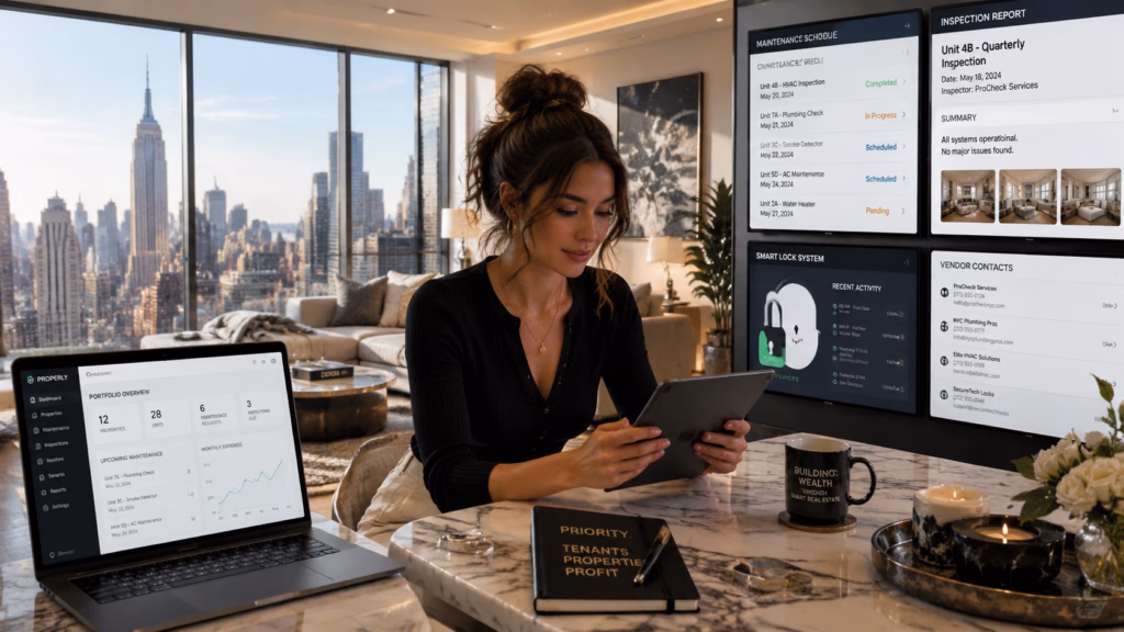 A stylish Millennial woman in contemporary fashion sitting in a sun-drenched, high-end New York City apartment with floor-to-ceiling windows. She is focused on managing a property remotely, with several digital screens displaying professional maintenance schedules, inspection reports, and smart-lock security interfaces. The room features elegant modern decor, marble surfaces, and soft interior lighting, emphasizing a productive yet luxurious atmosphere as she reviews digital documents and vendor contact lists on a sleek tablet.
