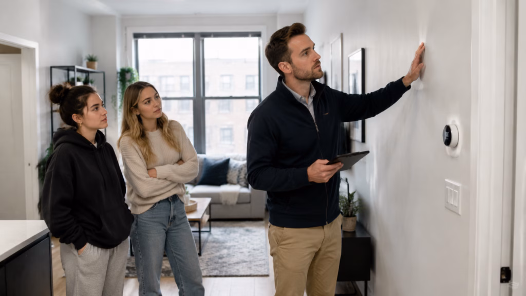 A Millennial male landlord in casual professional attire performs a routine inspection, closely examining the walls and fixtures for signs of wear. Two female Gen Z tenants stand nearby, watching the process with attentive expressions within the bright, modern apartment interior. The scene emphasizes realistic textures of the living space and natural daylight filtering through the windows.