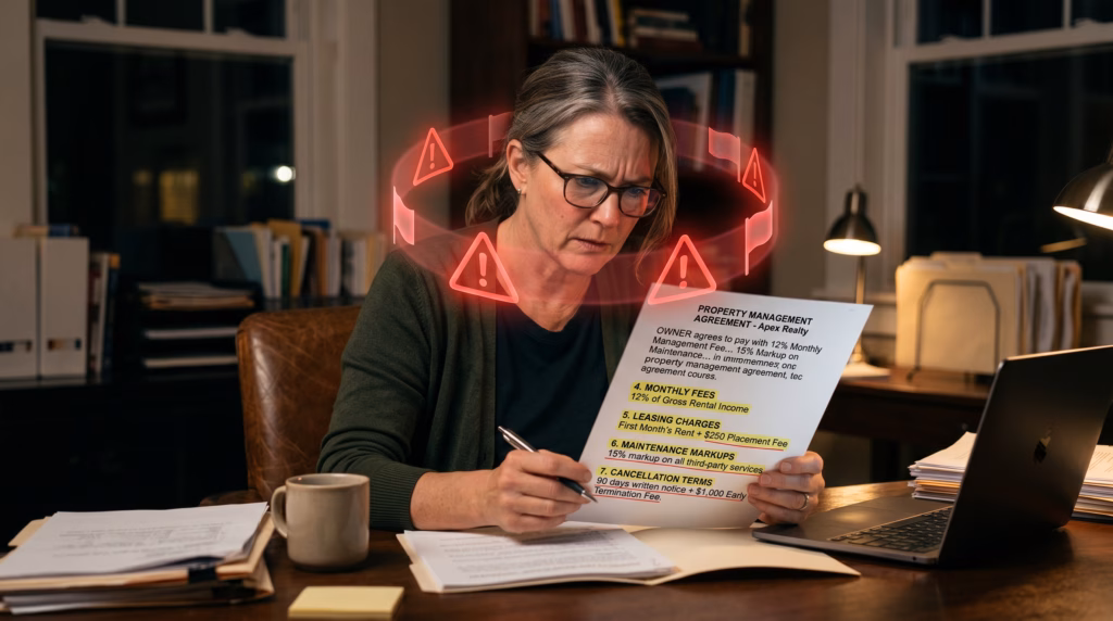 A focused landlord examines a property management agreement where specific sections for monthly fees, leasing charges, maintenance markups, and cancellation terms are prominently highlighted. Translucent red warning flag icons float in a circular motion around her head, casting a subtle crimson glow. The scene captures an atmosphere of intense scrutiny and concern, with a sharp focus on the detailed text of the document and the landlord's wary facial expression.