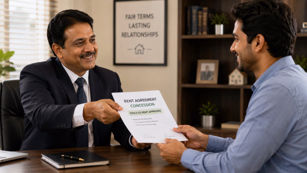A landlord and tenant in a professional indoor setting, where the landlord is handing over a document or rent agreement indicating a concession. The scene emphasizes a supportive interaction with expressive faces showing mutual agreement and relief. Soft, balanced indoor lighting highlights the texture of the paperwork and the professional attire of both individuals, maintaining the original composition and character placement while clarifying the exchange.