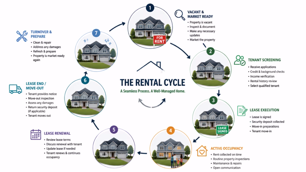Transform the visual narrative into a professional and clear circular diagram depicting the complete rental cycle for a single-family home. Ensure the progression from initial vacancy and rigorous tenant screening to active occupancy, lease renewal, and eventual turnover is logically connected with clean graphic lines. Maintain a consistent architectural style for the home throughout all stages, using subtle iconographic elements to represent each phase of the property management process while emphasizing a seamless, organized transition between them.
