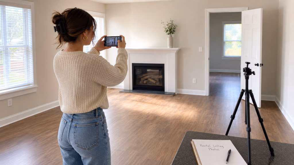 A female Gen Z landlord taking professional photos of her vacant rental property to prepared a professional listing.