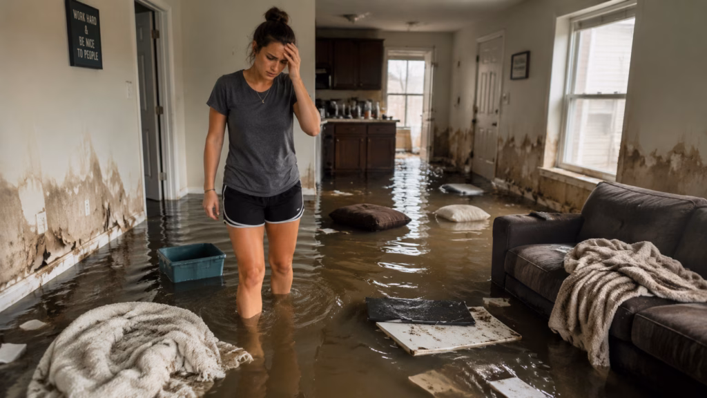 A millennial female landlord with a stressed expression wades through calf-deep, murky water inside a flooded apartment. The interior shows damaged drywall with visible water stains, floating household items, and soaked furniture. Soft natural light reflects off the rippling water surface, highlighting the destruction of the floors and the somber atmosphere of the ruined living space.