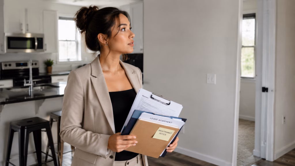 A focused Gen Z female landlord conducting a thorough inspection of a rental property, holding an organized set of documents including a checklist, lease file, and maintenance notes. She is dressed in modern professional attire, with her attention directed toward the property details. The scene captures the realistic textures of the paperwork and the natural lighting of the interior, maintaining the original composition while enhancing the professional atmosphere and clarity of the inspection process.