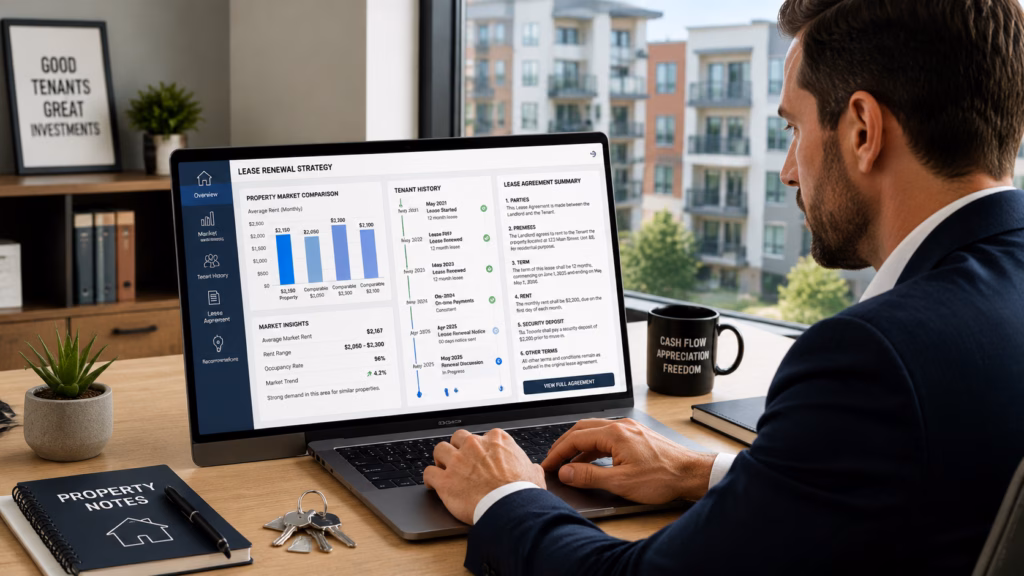 A professional landlord sits in a bright, organized office, deeply focused on a laptop screen displaying a comprehensive lease renewal strategy. The interface shows detailed property market comparisons with bar graphs, a chronological tenant history list with status icons, and structured lease agreement text. The desk is neatly arranged with a notebook and a set of keys, while a large window in the background reveals a glimpse of residential apartment buildings. The lighting is natural and even, highlighting the clear data and text visible on the monitor.