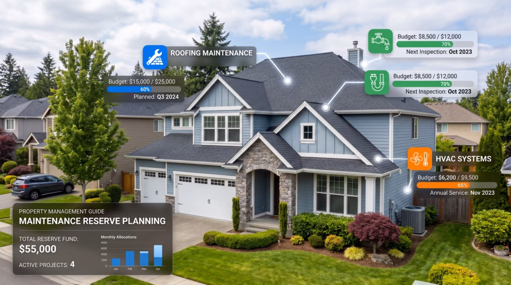 A professional visual guide for property management by integrating clean, modern graphical overlays onto the residential property. Add subtle, semi-transparent UI elements and icons that represent maintenance categories such as roofing, plumbing, and HVAC, accompanied by organized budget bars or financial indicators. Use a balanced, professional color palette to highlight these planning elements, ensuring the house looks well-maintained and the overall composition clearly illustrates a structured approach to financial reserves and preventive maintenance.