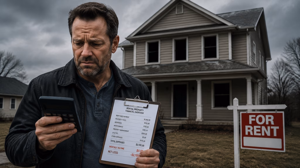 A concerned landlord stands in front of a vacant residential house, holding a calculator and a clipboard with financial documents. His expression is deeply anxious and stressed, with a furrowed brow as he contemplates lost income. The background property appears empty with dark windows and a "For Rent" sign in the yard, under overcast lighting that emphasizes the somber mood of financial burden.