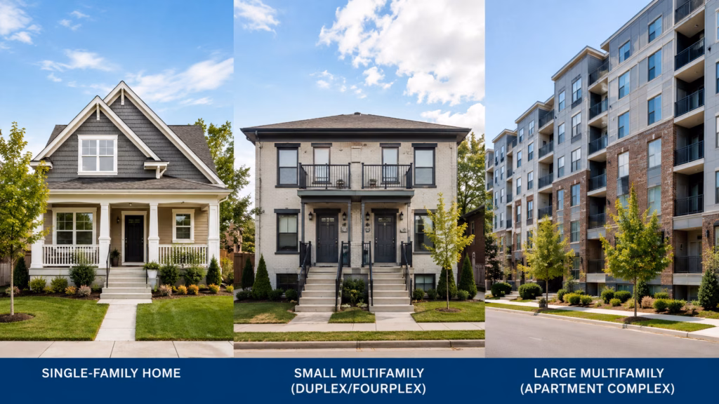 Photorealistic comparison of a single-family home, small multifamily property, and large multifamily apartment complex.