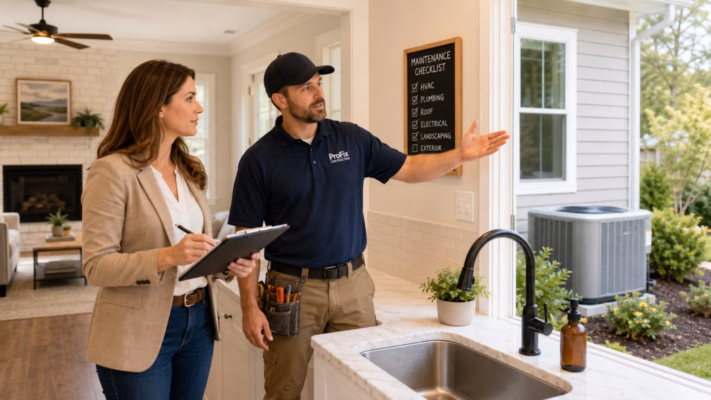 A female landlord and a male contractor conducting a professional maintenance walkthrough of a residential property. The landlord holds a clipboard or tablet to review a checklist, while the contractor gestures toward specific house features like the HVAC unit, plumbing fixtures, or renovated surfaces. The scene is set within a bright, clean single-family home, emphasizing a thorough inspection and proactive property management to ensure all systems and landscaping are in top condition.