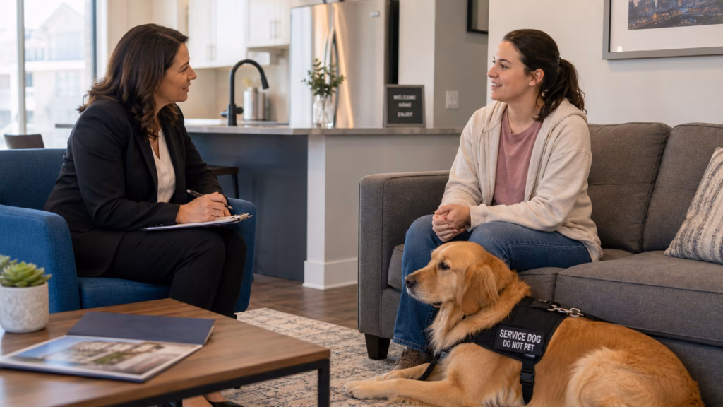 A professional landlord and a prospective tenant engaged in a friendly conversation within a bright, modern apartment interior. Seated calmly beside the applicant is a service dog wearing a visible assistance harness. The scene emphasizes the direct interaction between the two individuals and the composed presence of the animal, with natural indoor lighting and realistic textures on the clothing and the dog's fur.