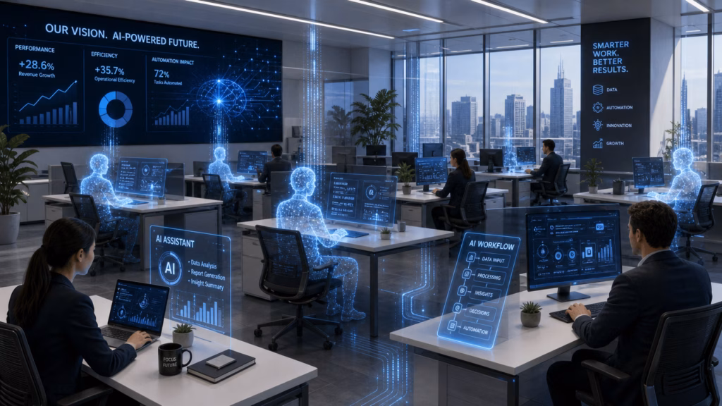 Image showing a reduction in the workforce by transforming several staff members into translucent digital silhouettes or fading holographic traces, replaced by glowing AI interfaces and data streams at their desks. Maintain the overall office layout while emphasizing a shift toward automation, with the remaining employees working alongside prominent technological elements in a streamlined, high-tech business environment.
