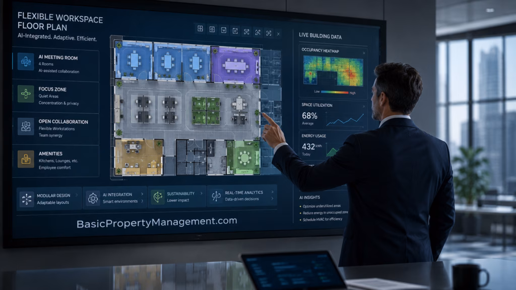 Office investor reviewing a flexible floor plan with AI-enabled meeting rooms, focus areas, and building data on a large screen