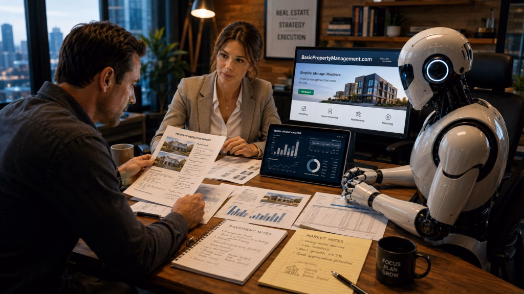 A male real estate investor sits at a wooden office desk, reviewing a collection of paper inspection reports, local market notes, and digital data visualizations. Seated across from him are a professional female real estate agent and a sleek, modern humanoid robot. The desk is layered with spreadsheets of rental data, property analysis charts, and handwritten findings. The scene captures a focused, collaborative atmosphere where the investor evaluates human expertise alongside artificial intelligence, with soft office lighting highlighting the various documents and digital displays. On one of the digital displays we can see the URL BasicPropertyManagement.com