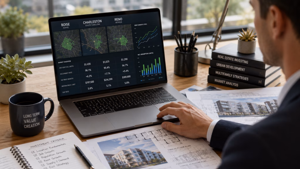A professional real estate investor focused on a laptop screen showing detailed market data and maps highlighting Boise, Charleston, and Reno.