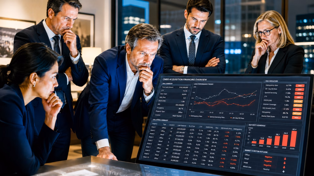 A professional group of commercial real estate experts gathered around a glowing financial dashboard, with a focused lead investor at the center analyzing complex CMBS acquisition financing and loan-risk metrics. The screen displays intricate data tables, red risk indicators, and fluctuating trend lines. The atmosphere is palpably tense, shown through the concerned facial expressions, furrowed brows, and anxious postures of the team members. Soft ambient office lighting contrasts with the sharp, bright glow of the digital charts, emphasizing the gravity of the financial review.
